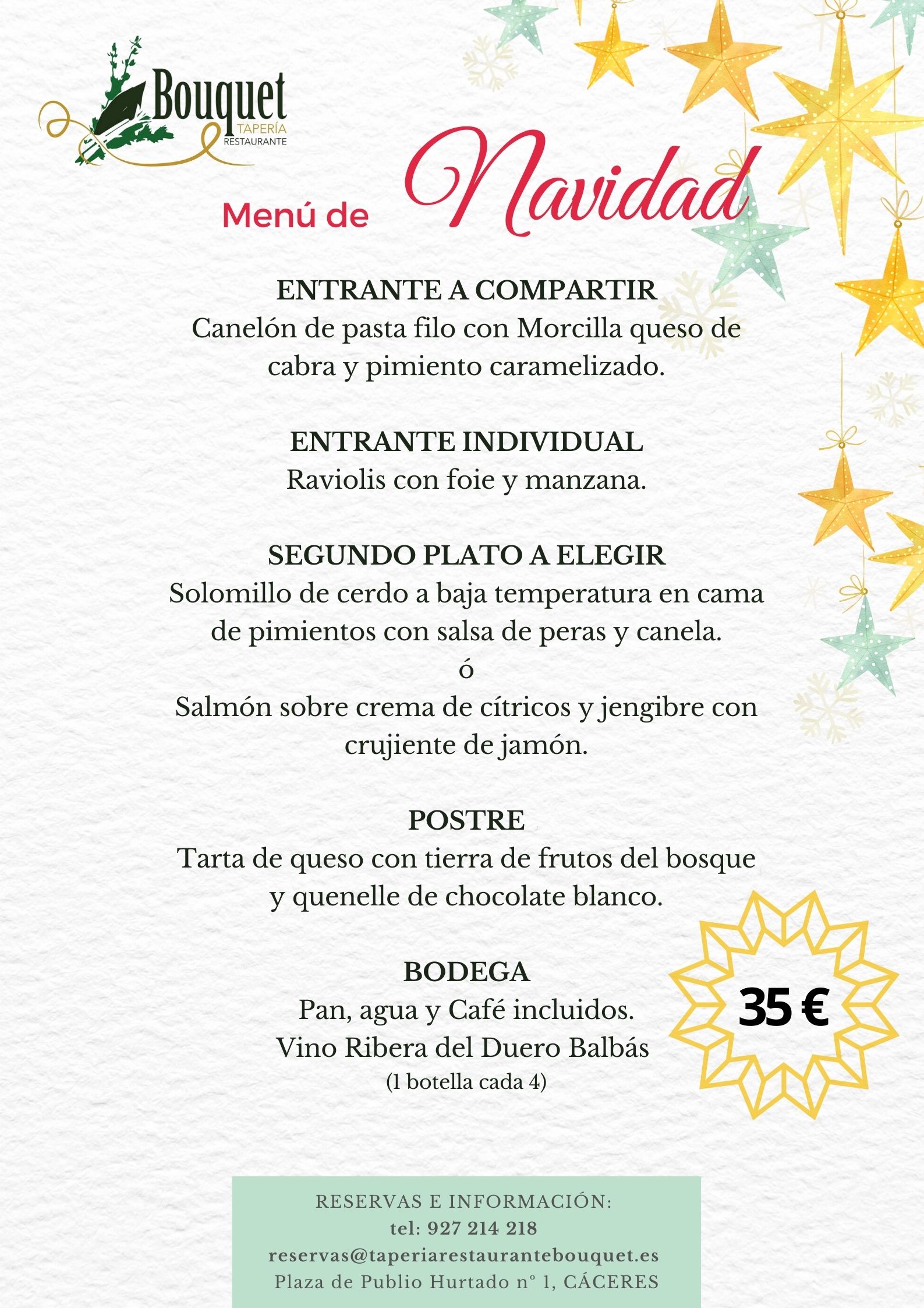 Menús de Navidad Cáceres 2022 Tapería Restaurante Bouquet. Comidas y cenas de Navidad.