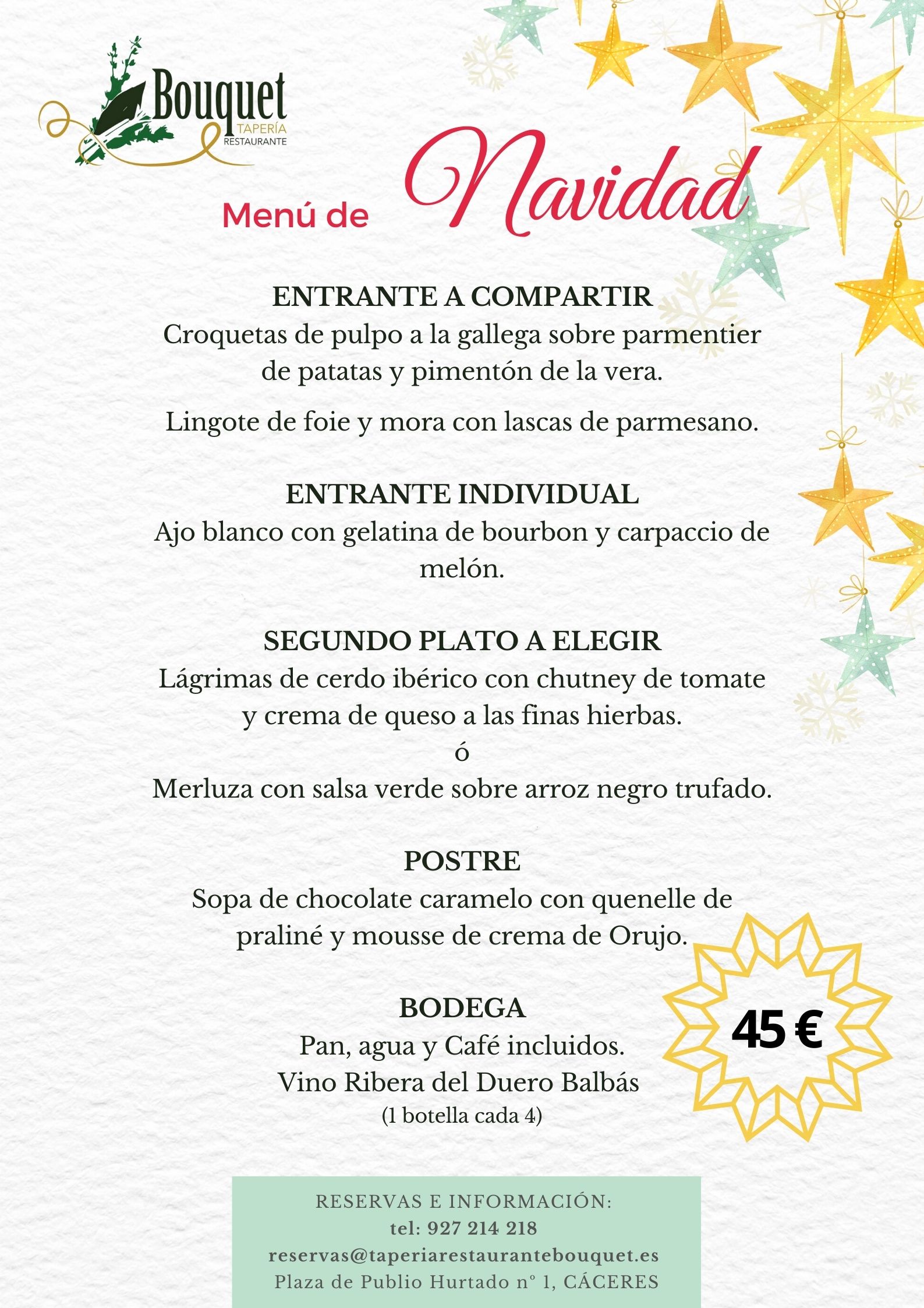Menús de Navidad Cáceres 2022 Tapería Restaurante Bouquet 45 euros. Comidas y cenas de Navidad.